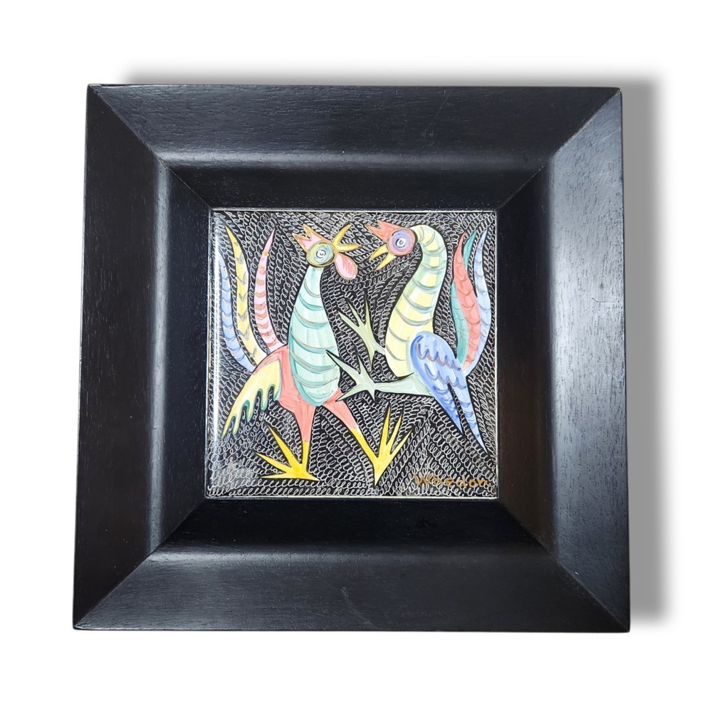 Aida Whedon Hand Painted Framed 11.5 x 11.5 Tile Gold Accents Roosters Signed!