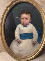 Antique American School Child Portrait Oil Painting Oval Gilt Frame c1890-1910