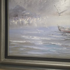 Large Signed Impressionist Harbor Oil Painting Marine Coastal Boats Framed 24×36