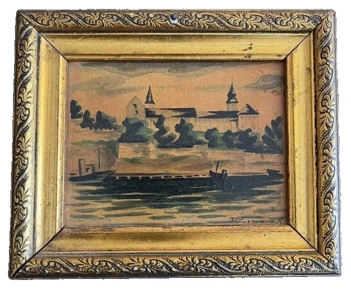 Vintage 1930s 1940s Norwegian Moody Mini Oil Painting Lake Scene Castle R Wilcox