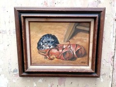 Vintage Framed Oil Painting Puppy Dog Original signed Artist Great Love Story