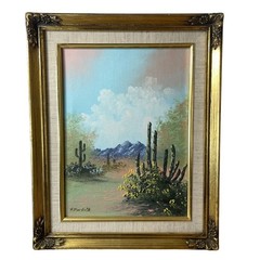 Southwestern Desert Landscape Painting Mountains Saguaro Cactus Framed Signed