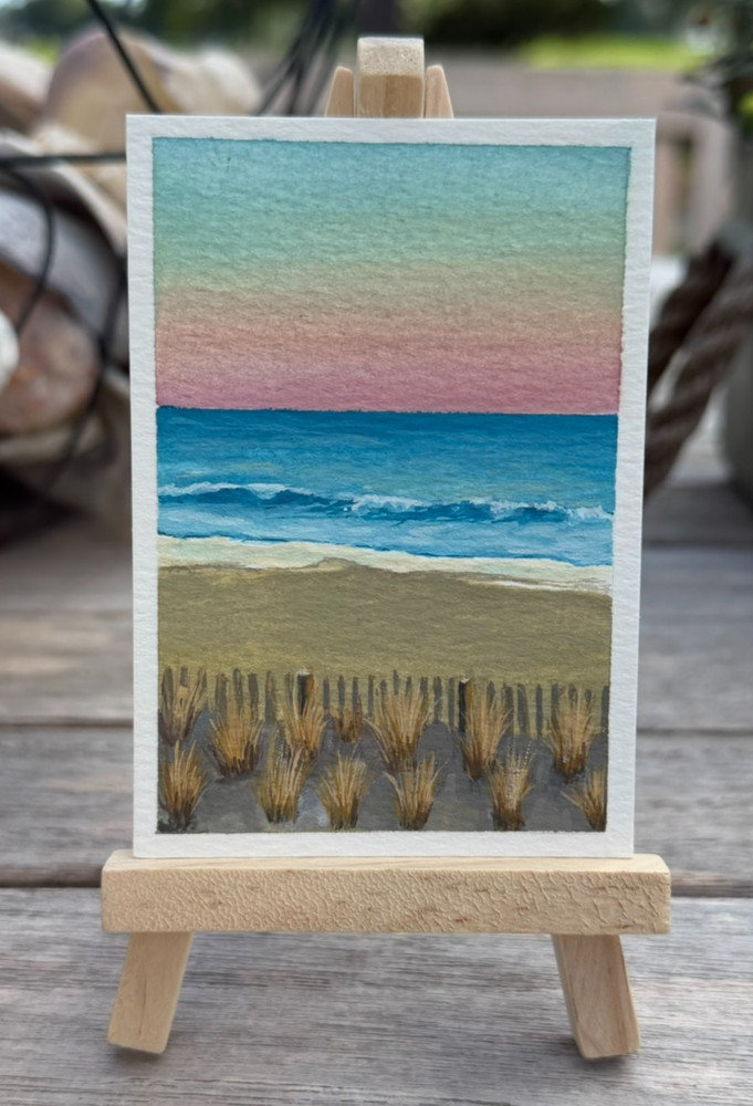 Original ACEO Gouache Painting Beach Ocean Dunes Seascape Sunrise Mini Art OOAK