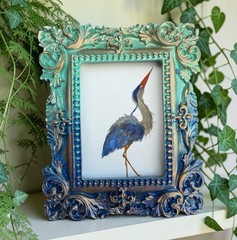 Blue Heron mini watercolor bird print of original painting • ornate frame