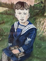 Antique Early American Oil, Painting, Us Navy Boy In Uniform Landscape Original