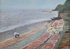 LEONID BERMAN “Shrimp Drying in Japan” Oil Painting on Canvas Framed 1968 *RARE*