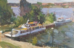 Oil painting River port Ukrainian painter Unframed Decor original landscape art