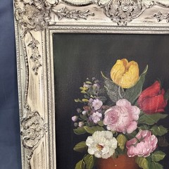 Vintage R. Rosini Oil Painting Floral 11”x16” with carved wooden frame 21.5”x18”