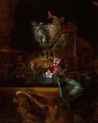 oil painting on canvas-A nautilus cup on a carved stand with a floral still life