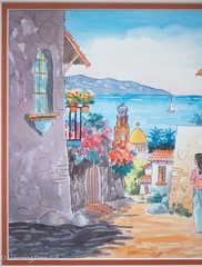 Lovely Vintage Painting of Puerto Vallarta Cityscape Illegibly Signed 16.5×20.5