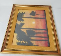 Hawaii Sunset Palm Trees Scenic 1970’s Print Painting Framed Signed