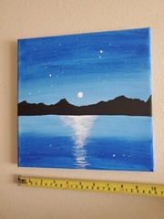 Handmade Acrylic Painting Wooden Frame 10×10 Art Decor Night Mountains Moon Lake