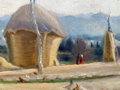 Oil painting hay barn harvest unclearly signed antique frame chickens farm