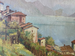 ::OIL PAINTING °ITALY LAKE GARDA SHORE SOUTHERN COAST SWITZERLAND HOUSES FRAME ANTIQUE OIL