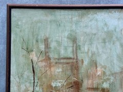 LARGE E JONES SIGNED OIL PAINTING IMPRESSIONIST CITISCAPE ARCHTECTURE w/ FIGURES