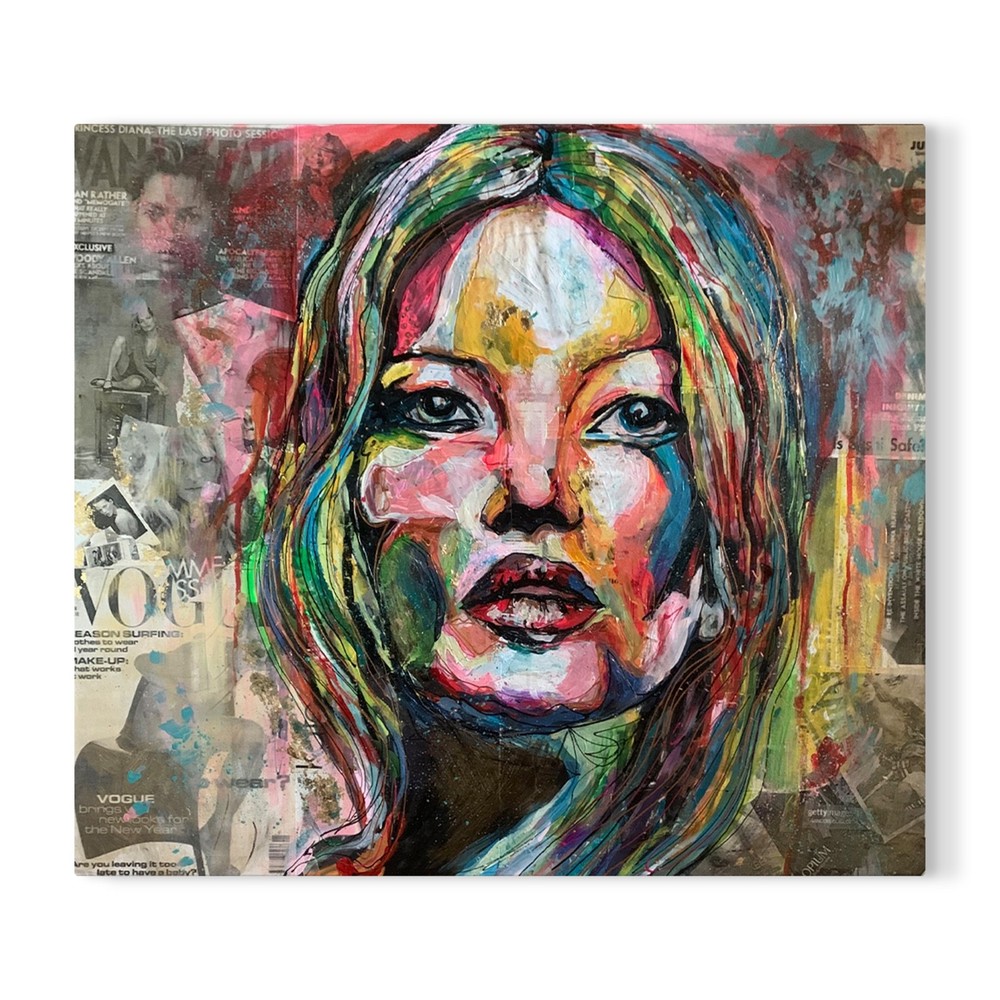 Kate moss portrait collage painting acrylic on canvas with vogue magazine clippi