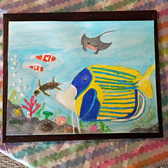 Framed Naive Art Painting Underwater Sea Life Fish Dolphin Nature Nautical