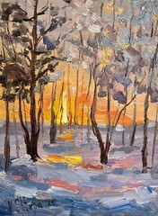 Original Oil Painting Sunset Winter Landscape Forest Impressionism Art Signed
