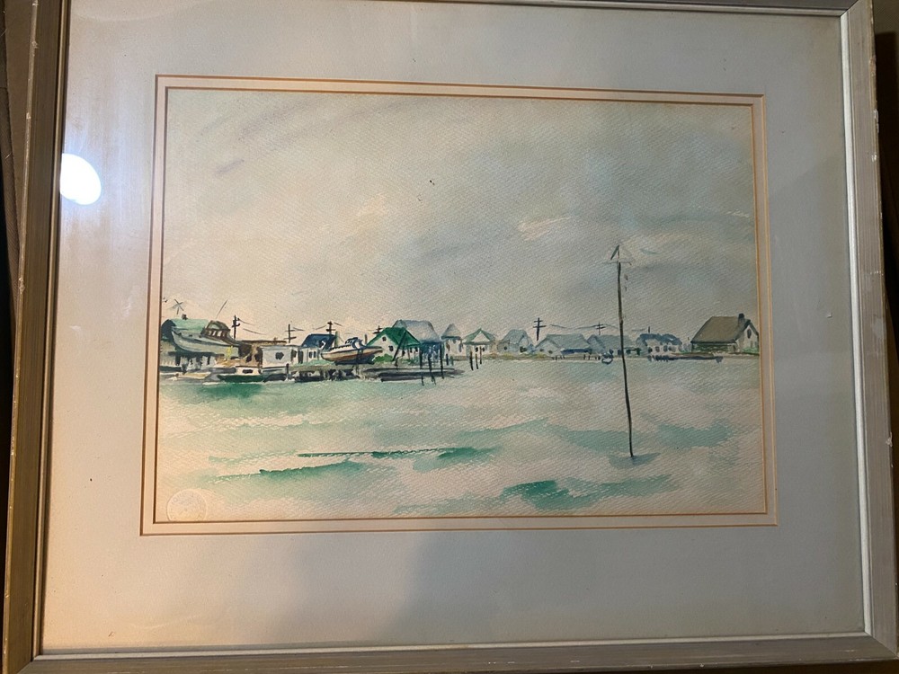 Vintage „Coastal Town Scene“ Watercolor Painting – Framed