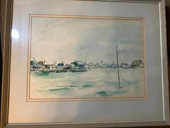 Vintage „Coastal Town Scene“ Watercolor Painting – Framed
