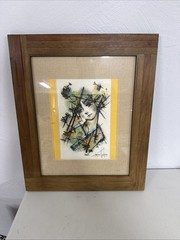 Artist Dibuso Abstract Girl Mixed Media Water Color Pen Framed Signed 2016