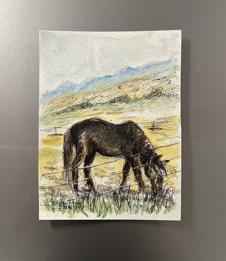 Original Watercolor Ink Painting Ranch Horse Remington Inspired Western Art CoA