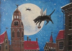 5×7 PRINT OF PAINTING RIGA RYTA XMAS BLACK CAT ANGEL VINTAGE STYLE FOLK ART MOON