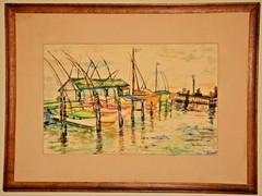 MILLER Original Vintage Signed Miami Fishing Boats Seascape Watercolor Painting