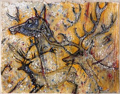 Starlight Reindeer – Original Pastel Painting by Cecilia Henle, deer cave gold