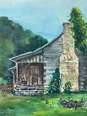 Antique Bucolic Signed Farm Cabin Watercolor Scene Original Silver Frame w/Glass