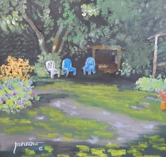 ORIGINAL ART HAND PAINTED OIL LANDSCAPE LAWN CHAIRS YARD USA BY SUE FURROW