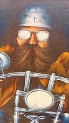 Vintage Black Velvet Biker Oil Painting With Wood Frame Rustic Motorcycle Decor