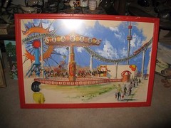 Vintage Midcentury Amusement Park Art Bright & Cheery 19 1/4″ x 29″ Under glass