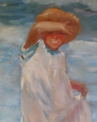 ORIGINAL NAUTICAL SEASIDE 24 x 18 OIL PAINTING OF YOUNG CHILD IN THE SURF