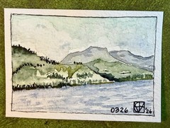 ACEO Painting by M. Hackney Mountains Water Watercolor, Signed Original 2.5×3.5″