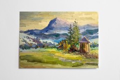 Oil painting Carpathian village Ukrainian painter Cardboard original landscape