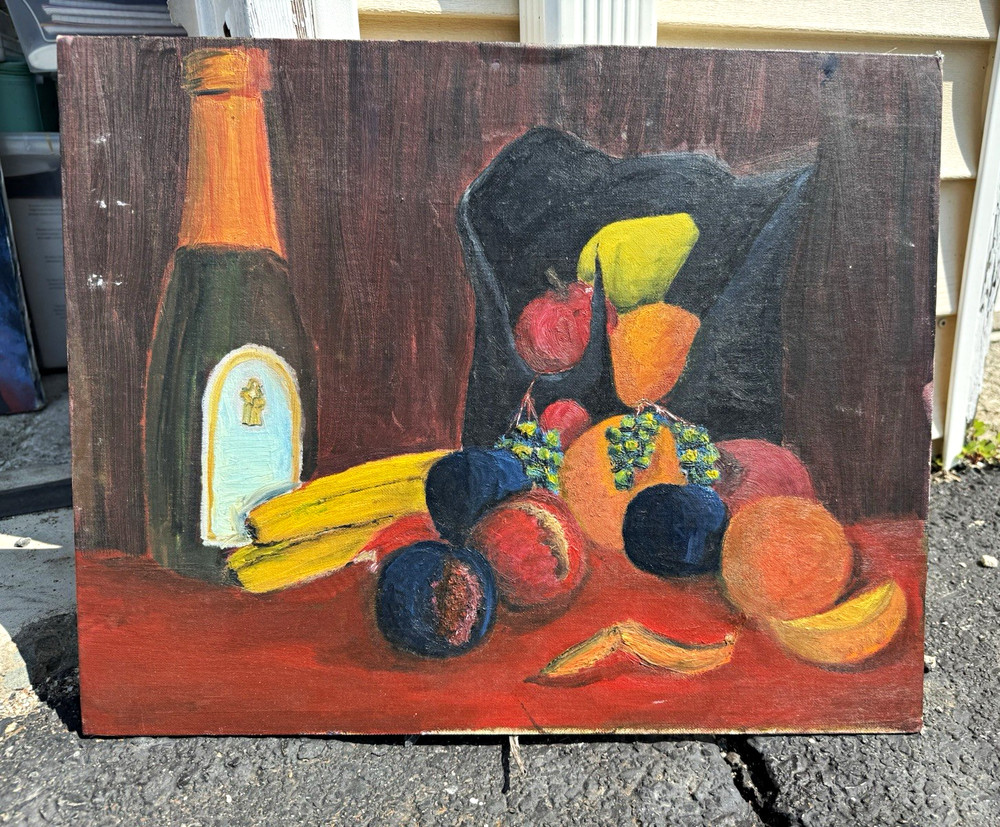 Still Life Fruit & Wine Bottle Original Painting on Canvas Board 16×20 Unframed