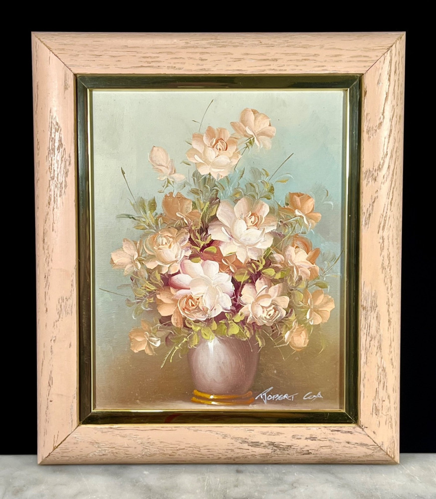 Vtg 80s Floral Still Life Oil Painting Original Wood Frame 13”x11” Robert Cox