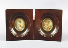 Miniature Figure Putto And Noblewoman Dark Wood Frame Vintage 20th Century
