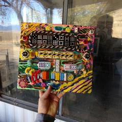 Abstract Collage Painting On Sheet Metal, Found Object Mixed Media Pop Craft Art