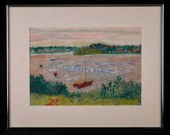 Vintage Framed Original Folk Art Landscape Gouache on Paper „Rural Riverside“