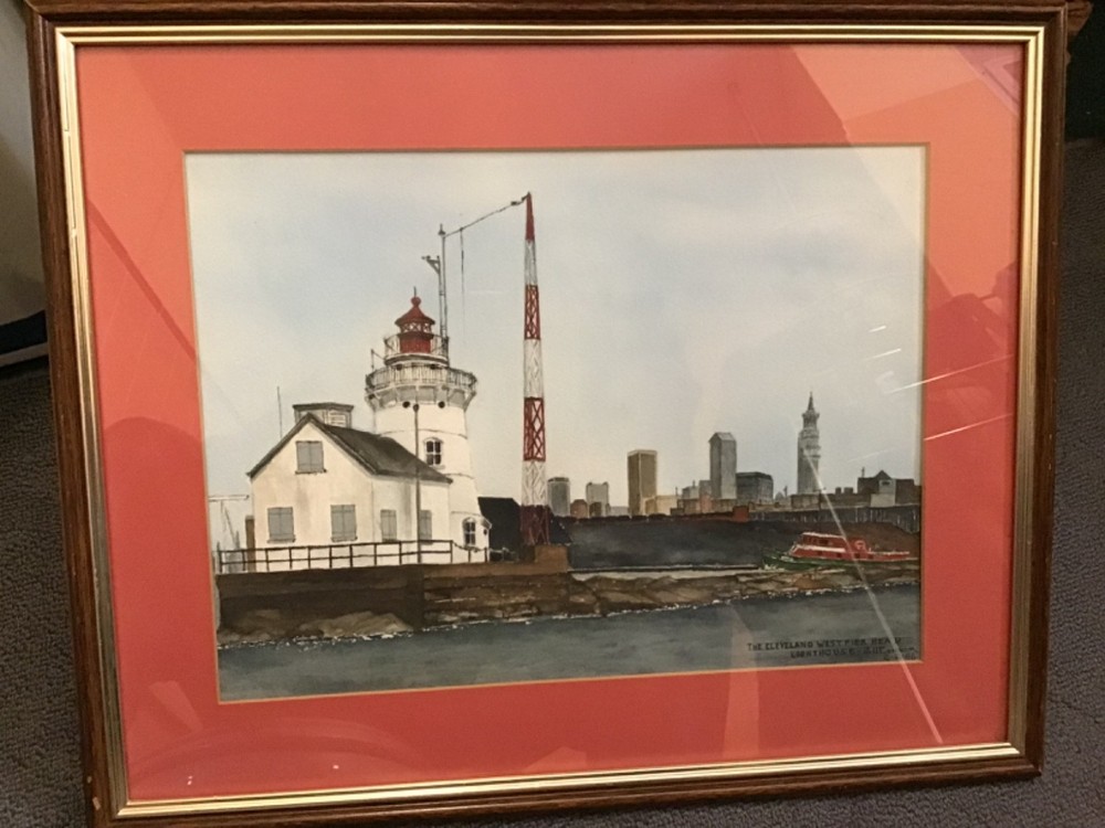 Rare OOAK Original Art Watercolor „CLEVELAND WEST PIER HARBOR LIGHTHOUSE“ Framed