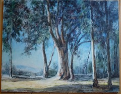 ALFRED DEWEY, LISTED EARLY CALIFORNIA EUCALYPTUS LANDSCAPE PLEIN AIR CALIF OIL