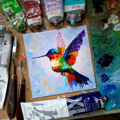 Hummingbird Impasto Original Painting Small Birds Animals 3D Art Unframed 6×6