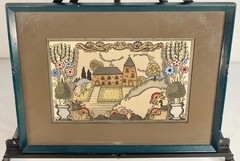Vintage Woodblock Print Art Signed MILBER Folk Art #1 House Flowers Framed