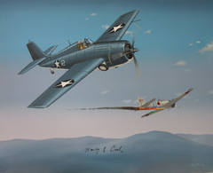 Raymond Waddey Painting F4F Wildcat in Combat Signed Ace Pilot Marion Carl 20×24