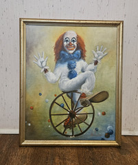 Vtg SIGNED By DeLoo ORIGINAL PAINTINGS Oil on Board – CLOWNS – 17.5″ x 21.5″