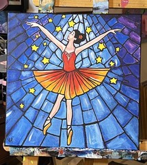 Ballerina Blue Window Tiny Stars Hand Painted Acrylic 12×12” Canvas VLP Original