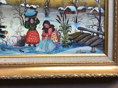 Great primitive Eastern European painting By Edith Simon on Masonite Board.