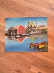 Hand-Painted 1990 Water Scene With Homes, Docks And Boats